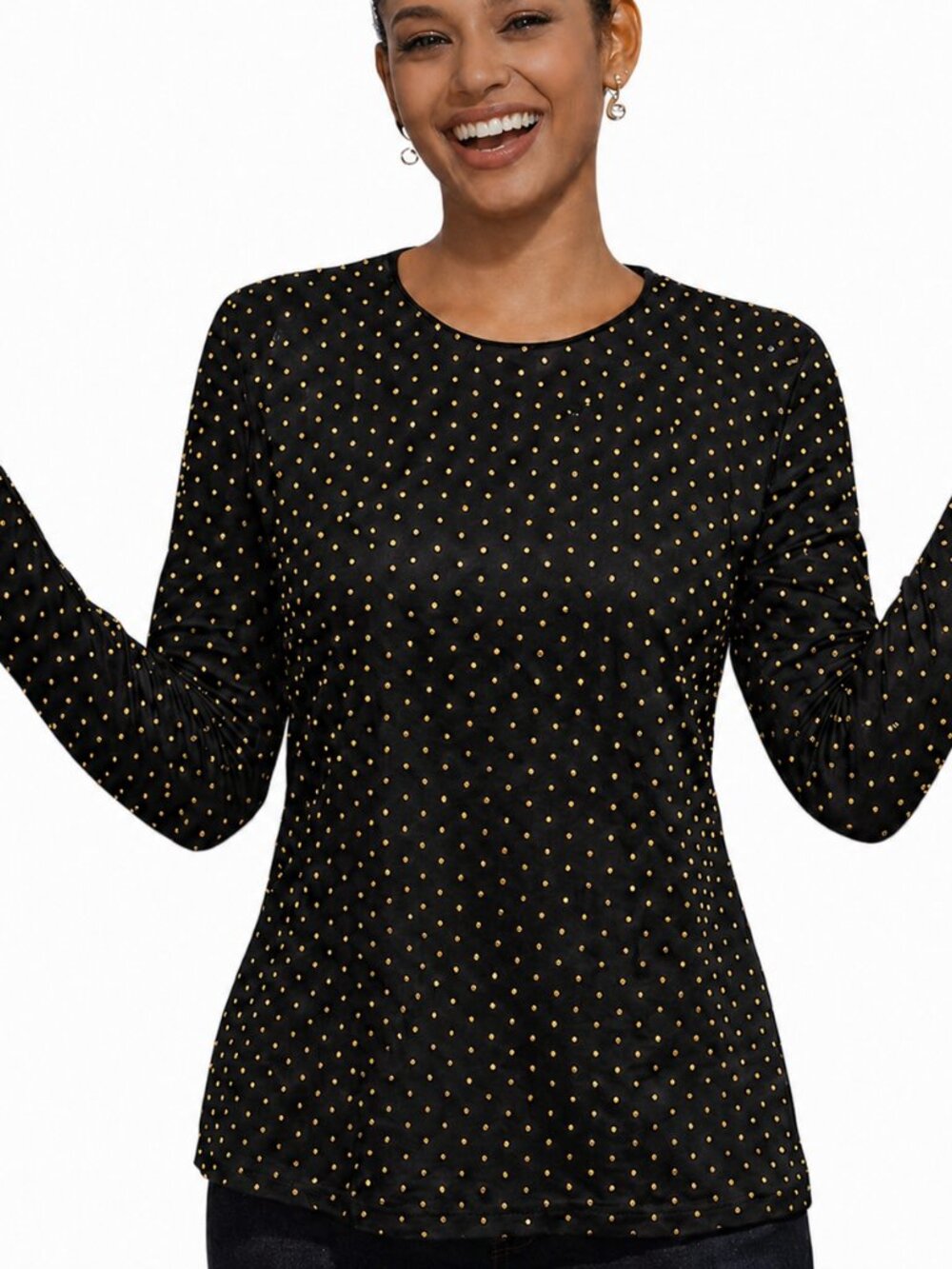 Michael Kors Dressy Black Studded Long Sleeve Top | Gold Stud Detail | Size M